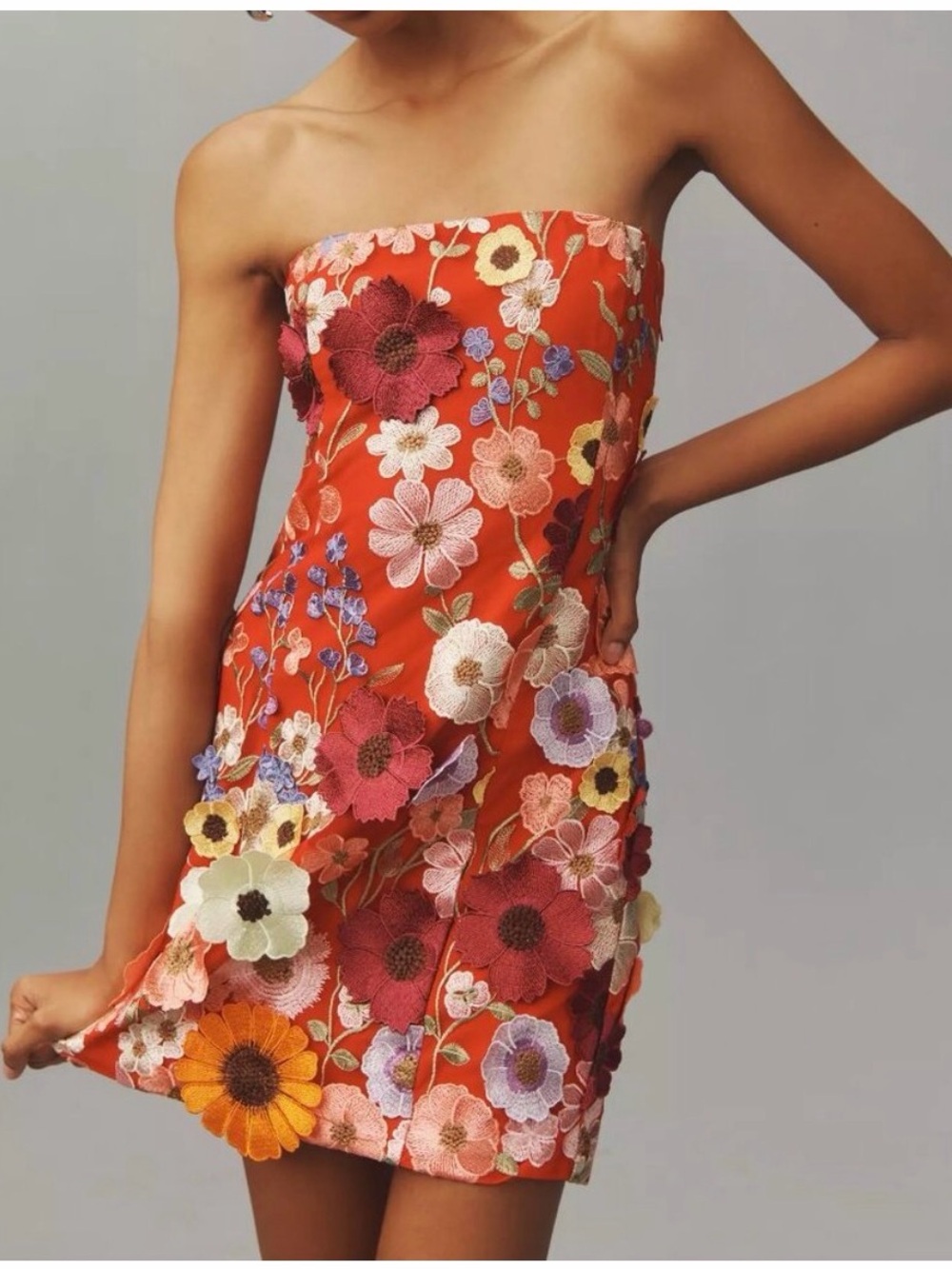 Anthropologie Endless Rose Strapless Embroidered Mini
Dress Red Medium
